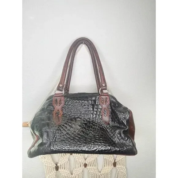 VTG Handbag Brown Western Satchel Crocodile Embos Cowhide Silver Buckle Boho - Picture 4 of 6